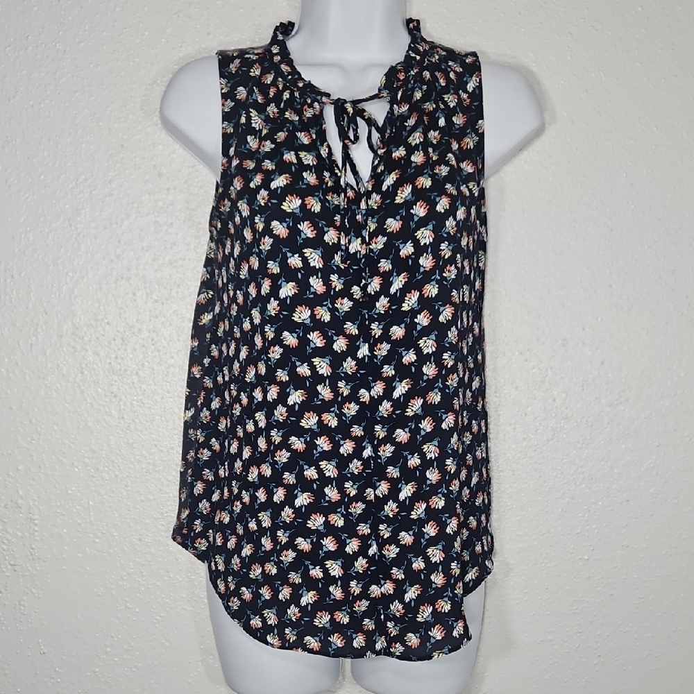 Loft Petites Navy Floral Ruffle Collar Front Tie Sleeveless Tank Top XSP